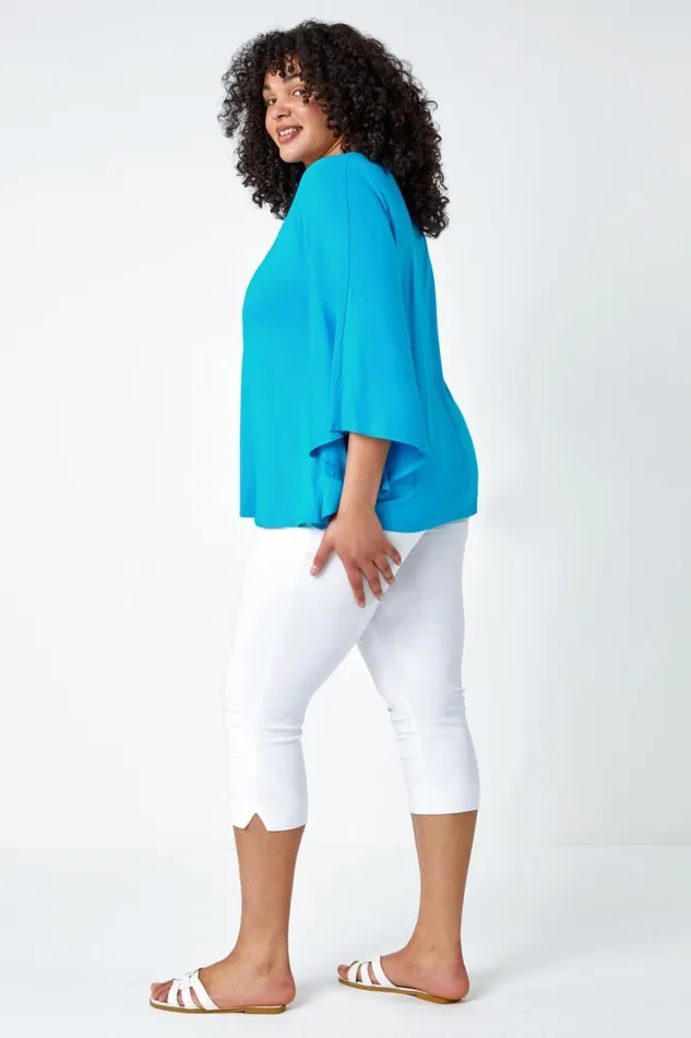 Women Turquoise Curve Stretch Jersey Cape Sleeve Top Roman Tops