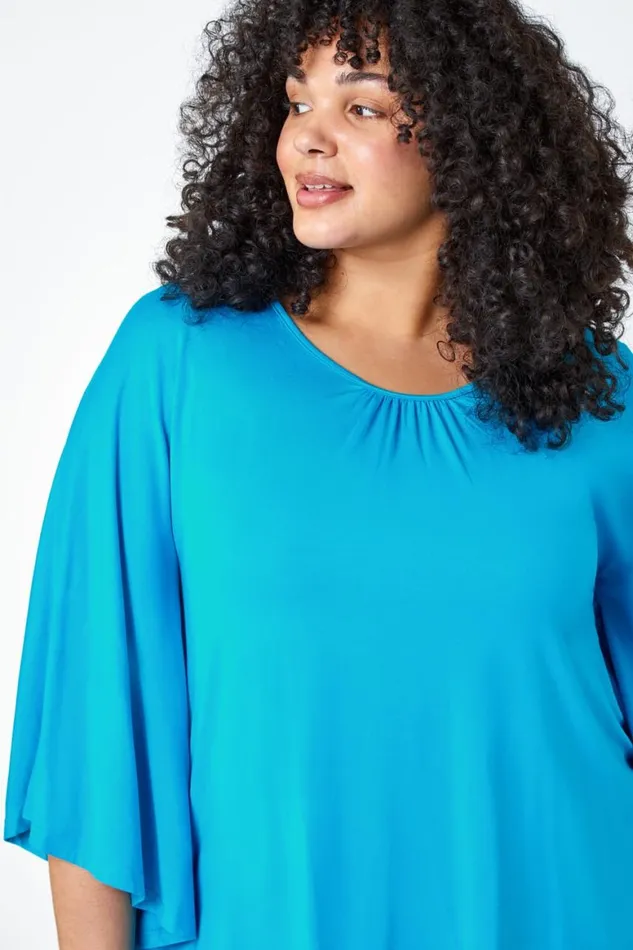 Women Turquoise Curve Stretch Jersey Cape Sleeve Top Roman Tops