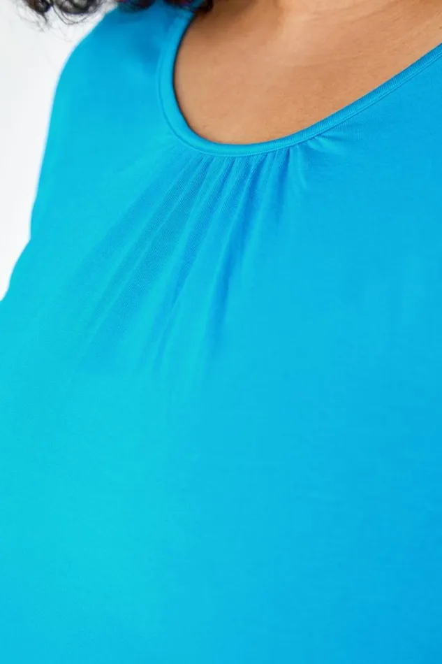 Women Turquoise Curve Stretch Jersey Cape Sleeve Top Roman Tops