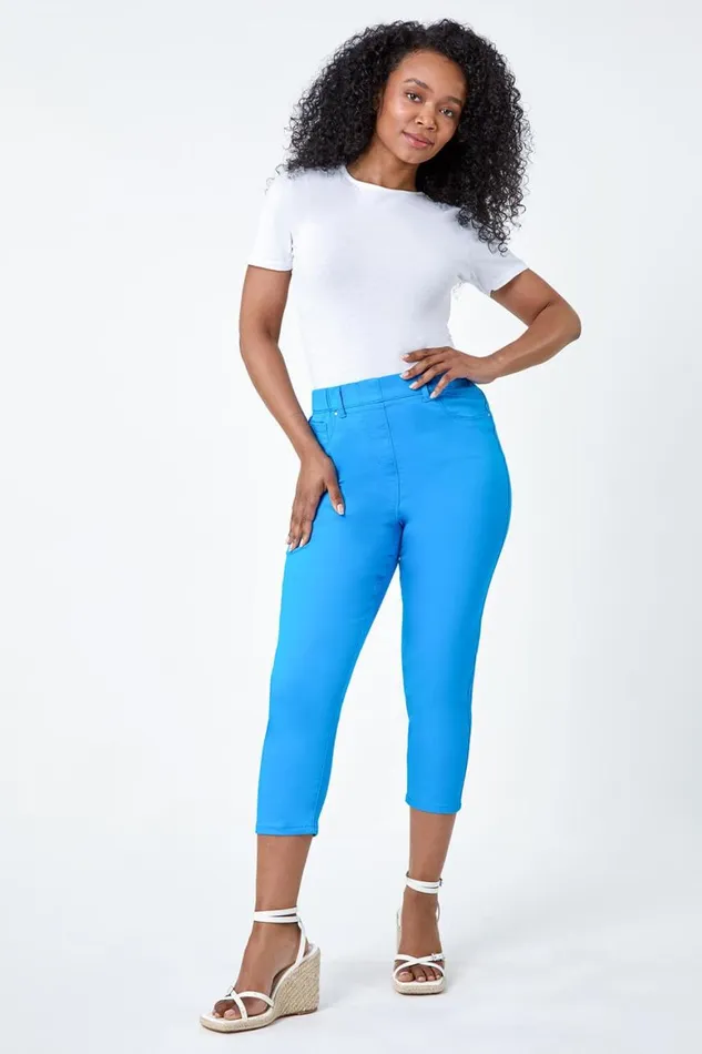 Women Turquoise Petite Elastic Waist Cropped Denim Jegging Roman Trousers