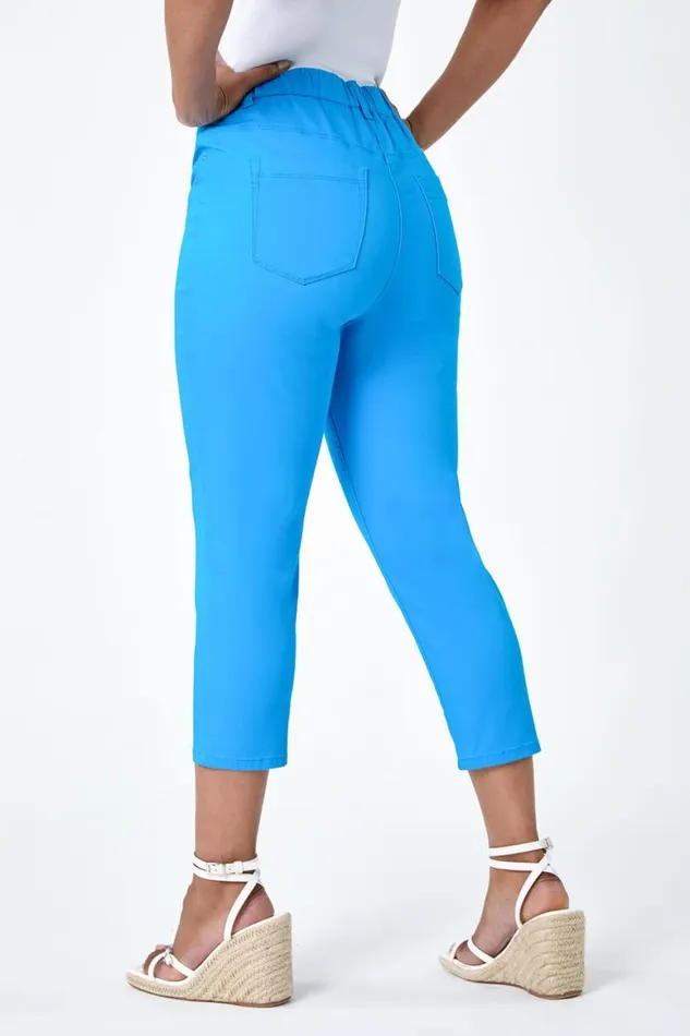 Women Turquoise Petite Elastic Waist Cropped Denim Jegging Roman Trousers