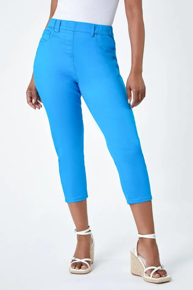 Women Turquoise Petite Elastic Waist Cropped Denim Jegging Roman Trousers