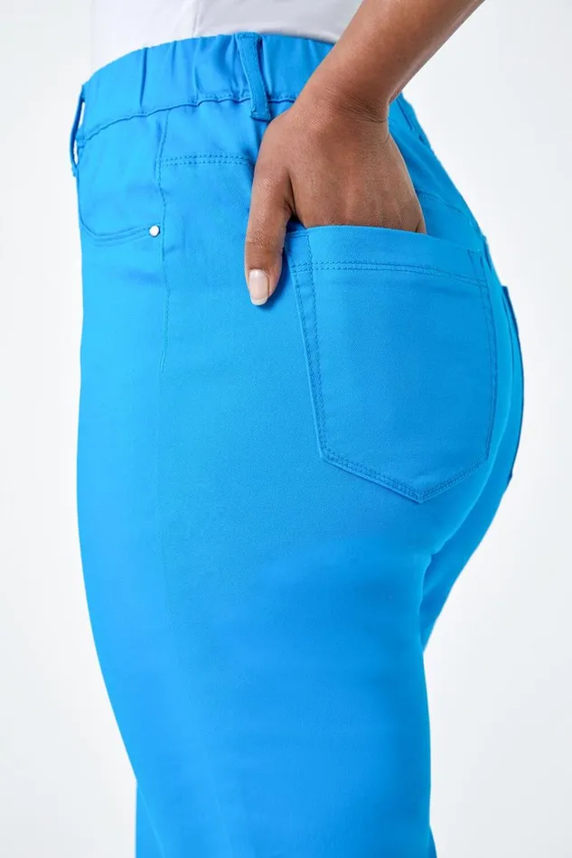 Women Turquoise Petite Elastic Waist Cropped Denim Jegging Roman Trousers