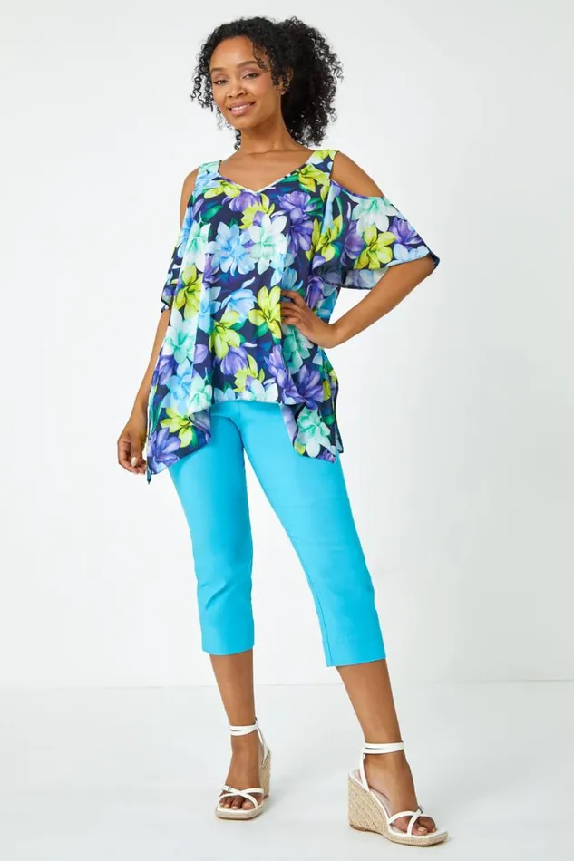 Women Turquoise Petite Elastic Waist Stretch Cropped Trouser Roman Trousers