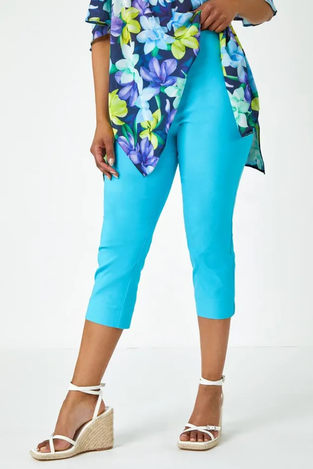Women Turquoise Petite Elastic Waist Stretch Cropped Trouser Roman Trousers