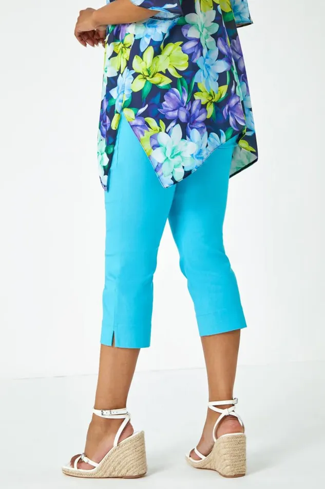 Women Turquoise Petite Elastic Waist Stretch Cropped Trouser Roman Trousers