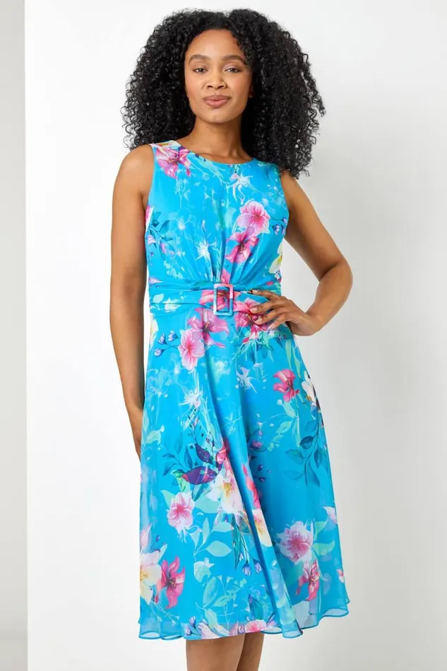 Women Turquoise Petite Floral Buckle Detail Chiffon Dress Roman Dresses