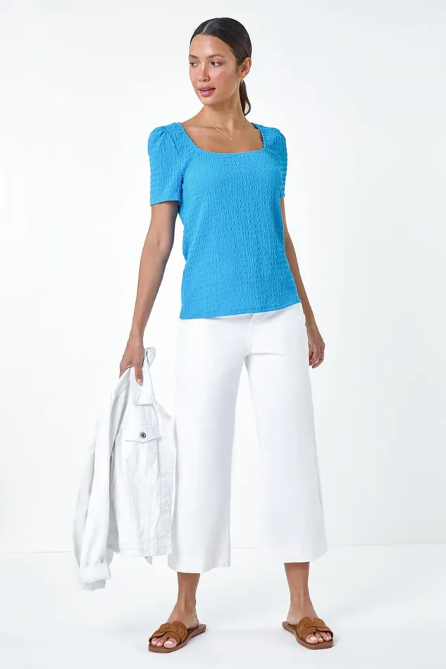 Women Turquoise Textured Square Neck Stretch Top Roman Tops