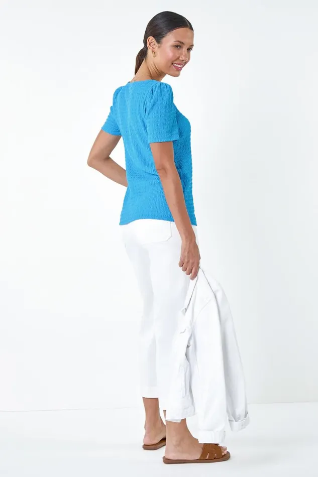 Women Turquoise Textured Square Neck Stretch Top Roman Tops