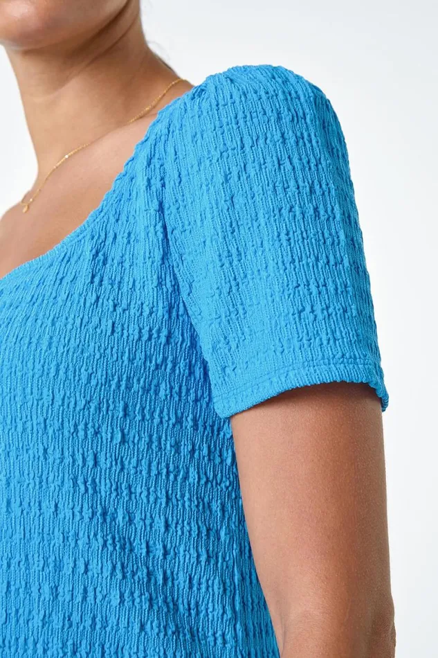 Women Turquoise Textured Square Neck Stretch Top Roman Tops