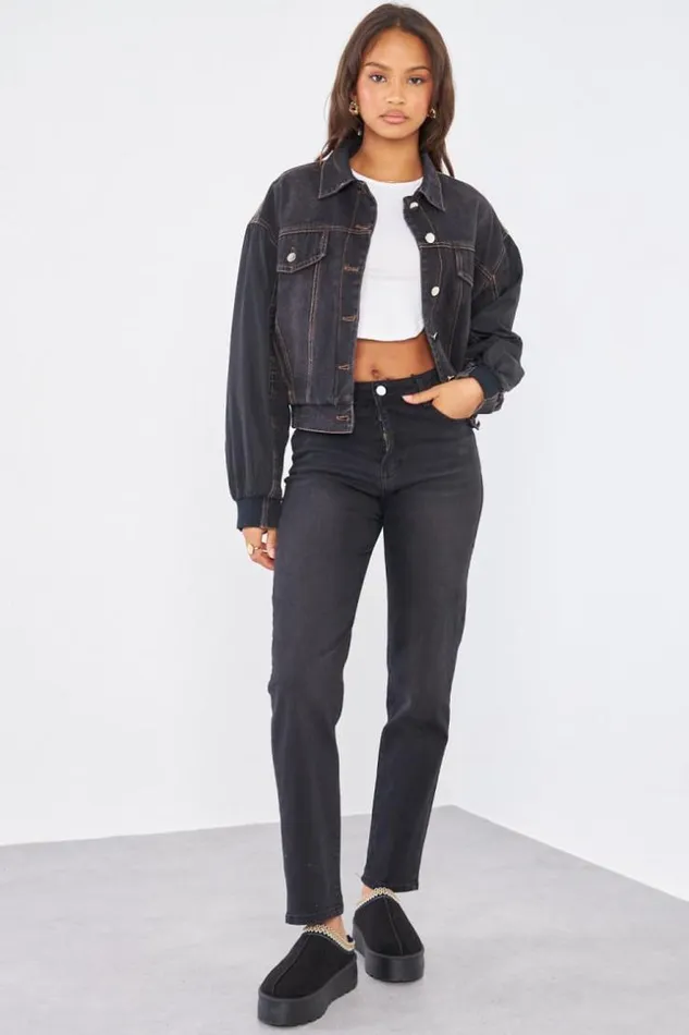 Women Veste En Jean Noir BiMatire Black Brentiny Paris Jackets