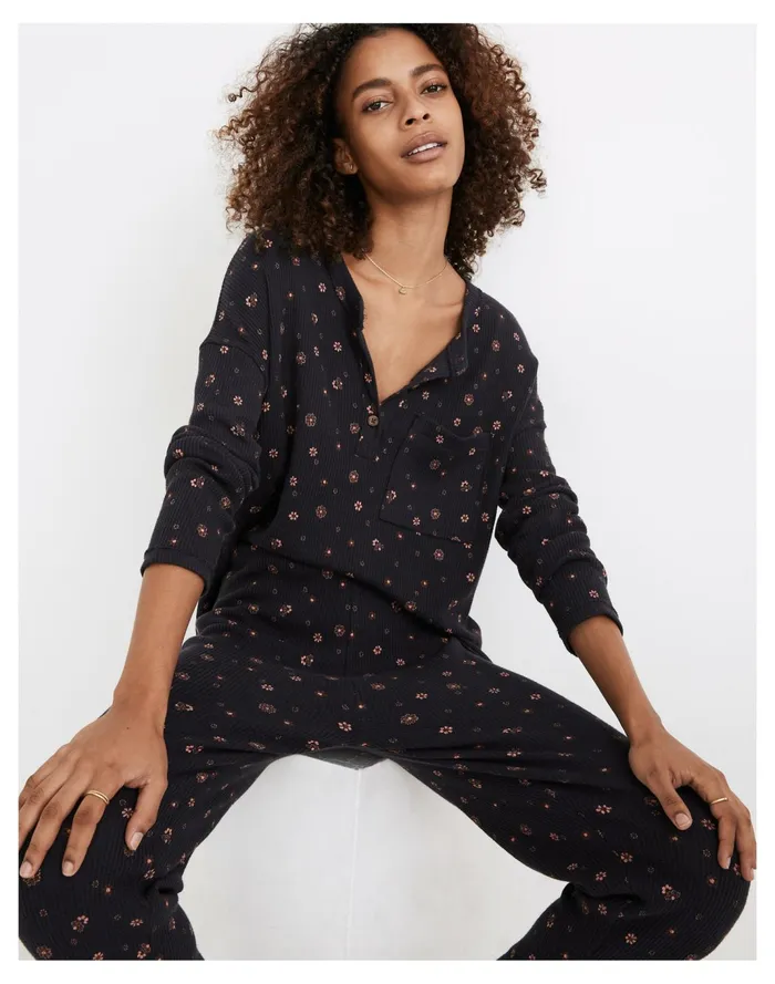 Women Waffle Knit Henley Pajama Top In Bandana Floral Night Vision Madewell Pajamas