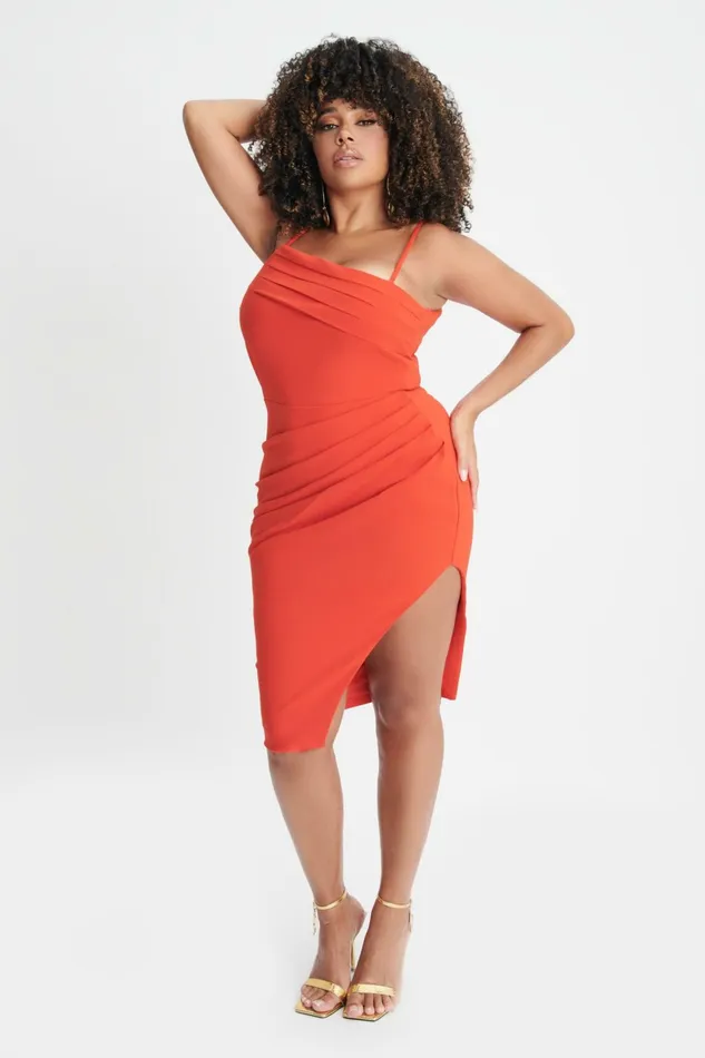 Women Wedding Guest Lavish Alice CHANTELLE Curve Asymmetric Pleat Midi Dress In Coral Red Coral Red Women Wedding Guest Lavish Alice CHANTELLE Curve Asymmetric Pleat Midi Dress In Coral Red Coral Red