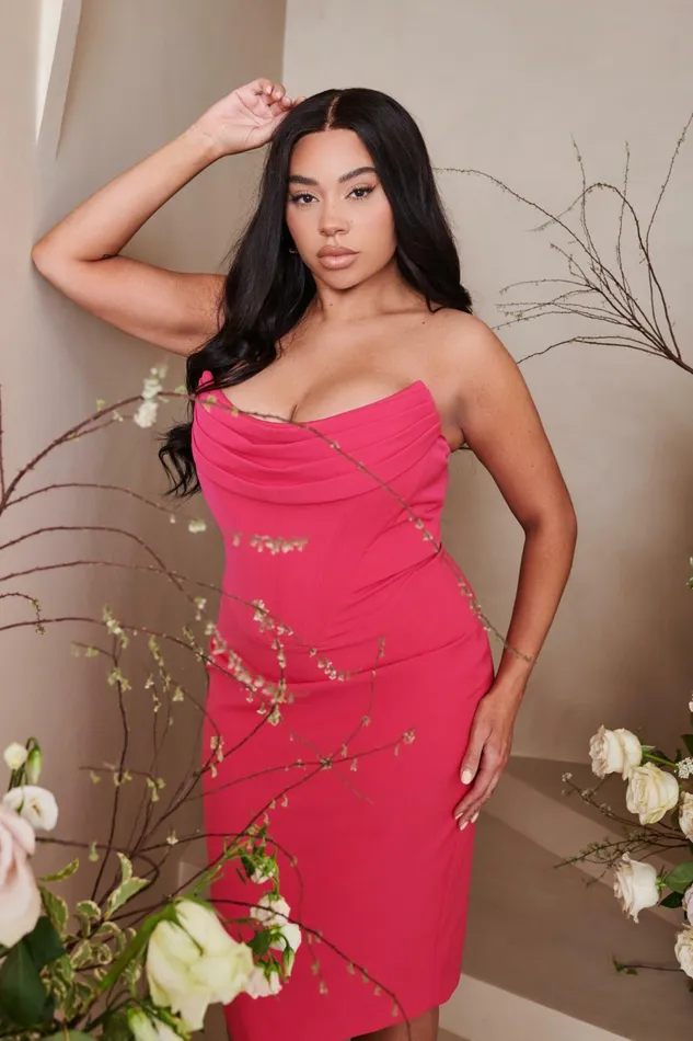 Women Wedding Guest Lavish Alice ELIZA Curve Strapless Cowl Corset Midi Dress In Magenta Pink Light Pink Women Wedding Guest Lavish Alice ELIZA Curve Strapless Cowl Corset Midi Dress In Magenta Pink Light Pink