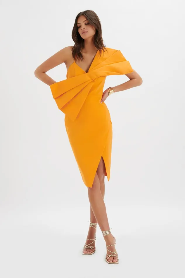 Women Wedding Guest Lavish Alice ESTHER Bow Detail Wrap Skirt Midi Dress In Orange Orange Women Wedding Guest Lavish Alice ESTHER Bow Detail Wrap Skirt Midi Dress In Orange Orange