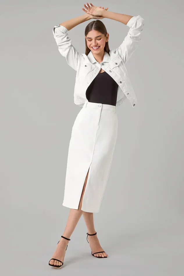 Women White Cotton Blend Denim Stretch Midi Skirt Roman Skirts