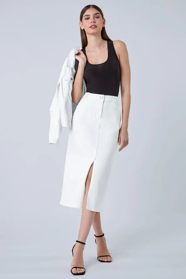 Women White Cotton Blend Denim Stretch Midi Skirt Roman Skirts