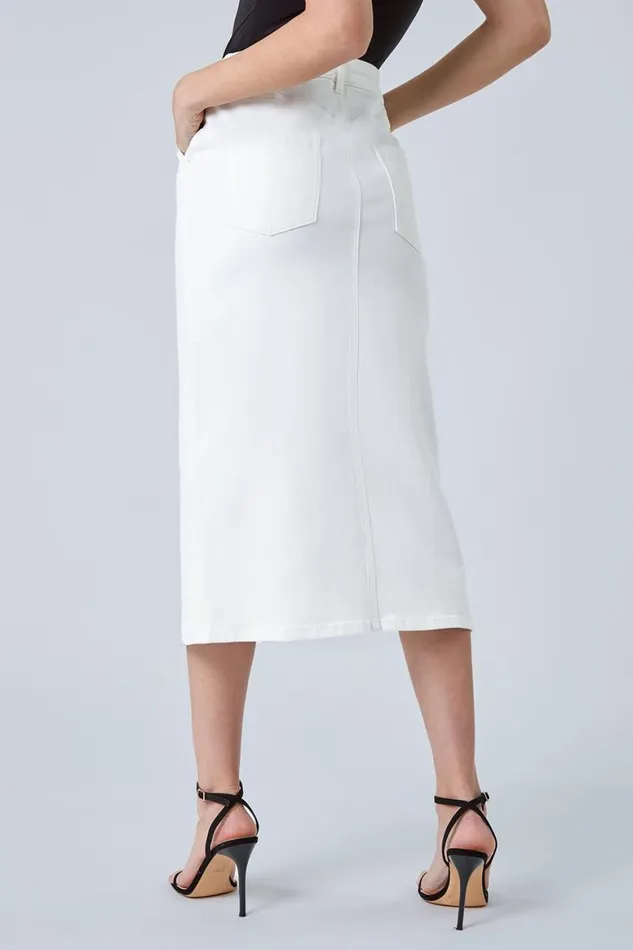 Women White Cotton Blend Denim Stretch Midi Skirt Roman Skirts