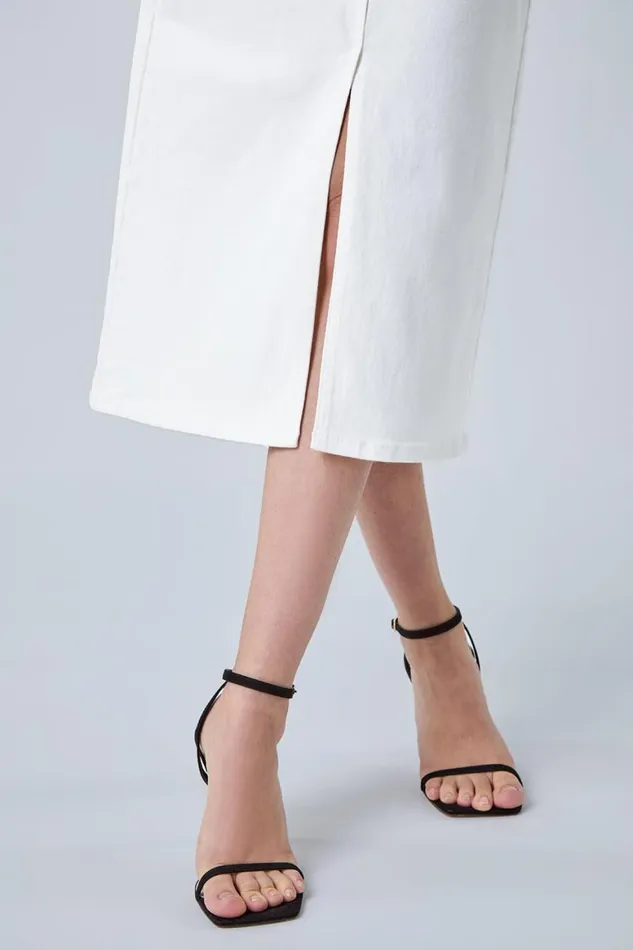 Women White Cotton Blend Denim Stretch Midi Skirt Roman Skirts