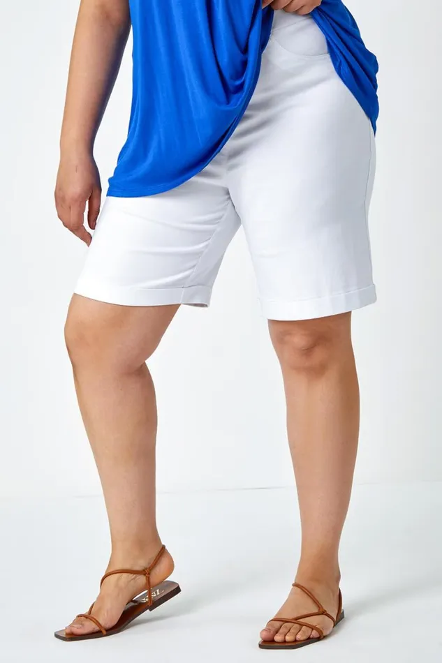 Women White Curve Elastic Waist Turn Hem Stretch Shorts Roman Coords