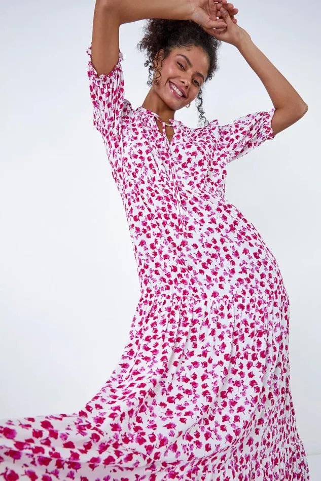 Women White Ditsy Floral Tie Neck Midi Dress Roman Dresses