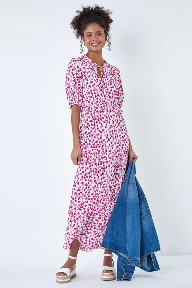 Women White Ditsy Floral Tie Neck Midi Dress Roman Dresses