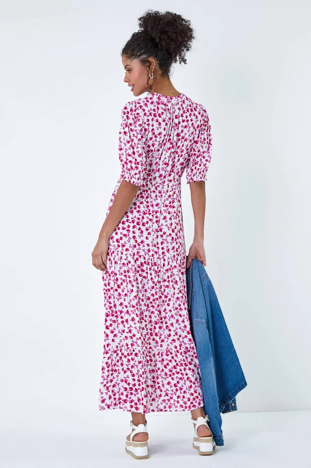 Women White Ditsy Floral Tie Neck Midi Dress Roman Dresses