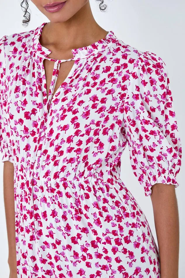 Women White Ditsy Floral Tie Neck Midi Dress Roman Dresses
