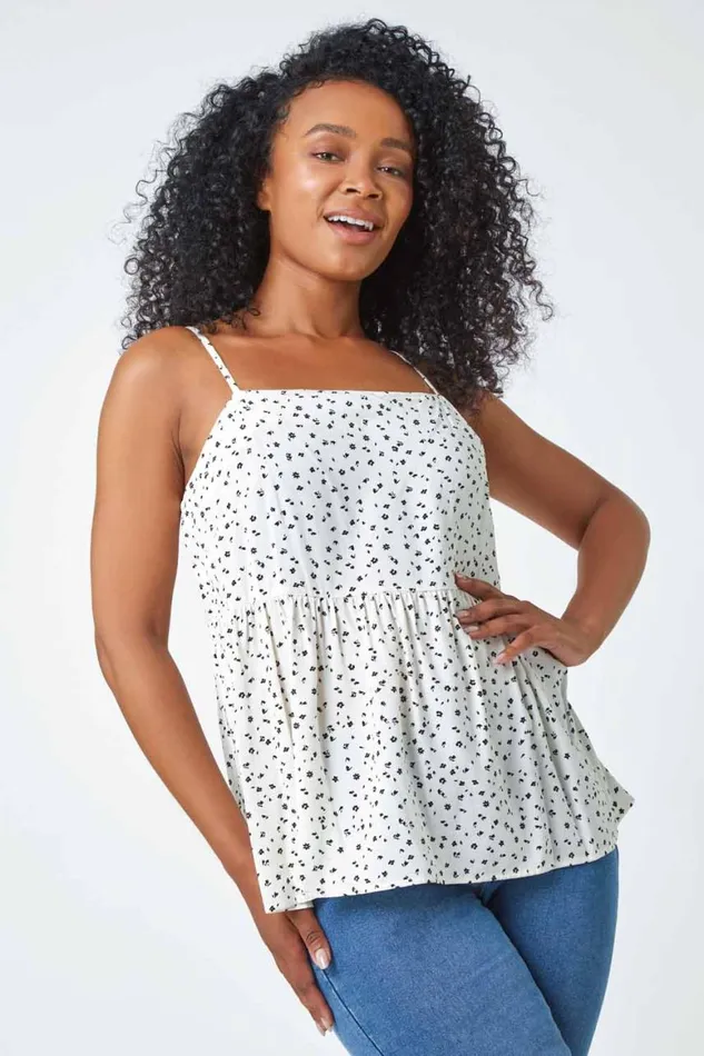 Women White Ditsy Spot Print Peplum Vest Top Roman Tops