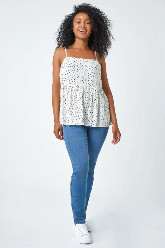 Women White Ditsy Spot Print Peplum Vest Top Roman Tops