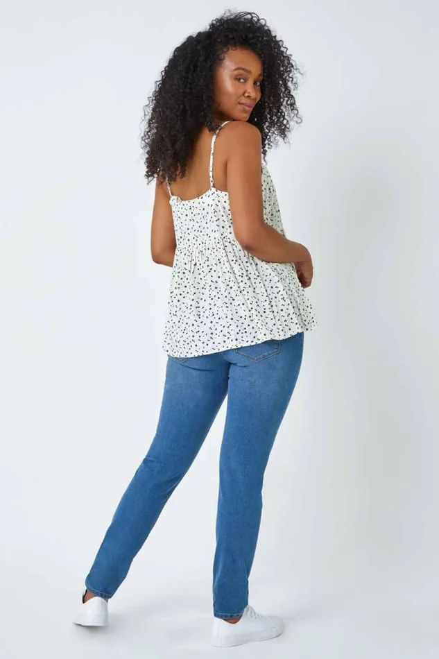 Women White Ditsy Spot Print Peplum Vest Top Roman Tops