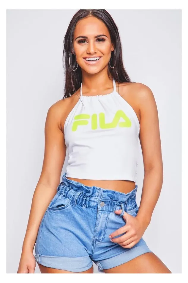 Women White Halterneck Crop Top Chiara Fila Fluo 687080 White Brentiny Paris Lace Tops