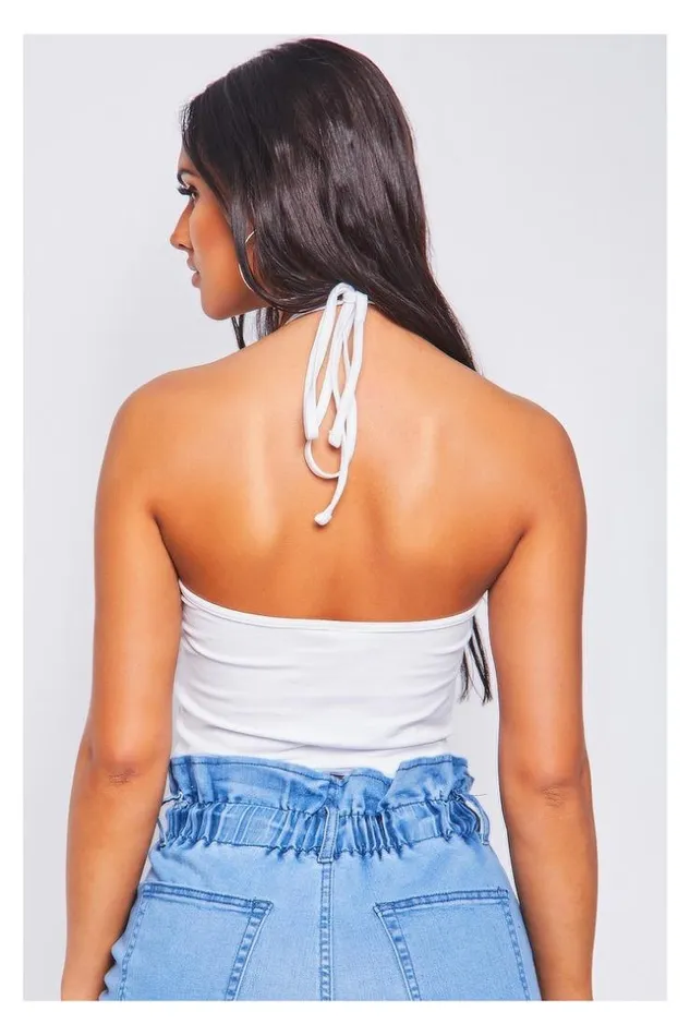 Women White Halterneck Crop Top Chiara Fila Fluo 687080 White Brentiny Paris Lace Tops