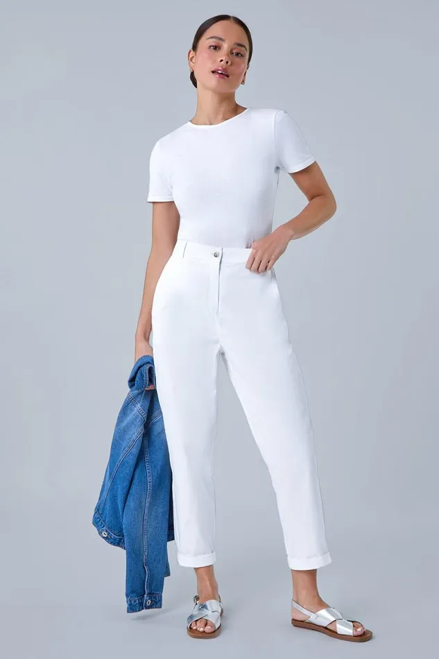Women White Petite Cotton Blend Stretch Chino Trousers Roman Trousers