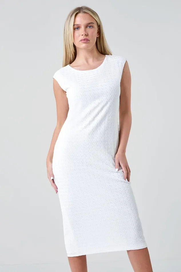 Women White Petite Textured Crochet Midi Dress Roman Dresses