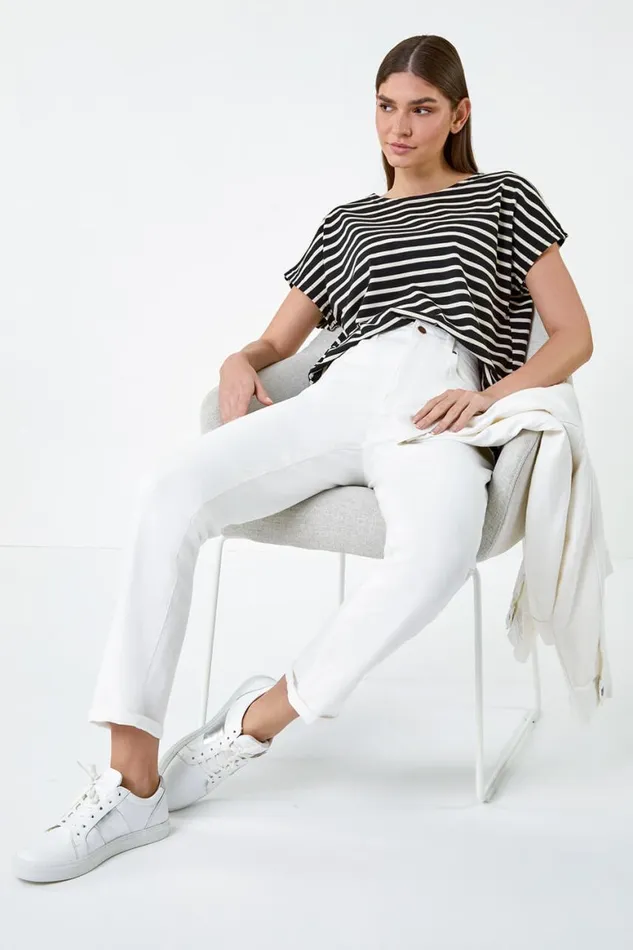 Women White Slim Leg Stretch Mom Jeans Roman Trousers