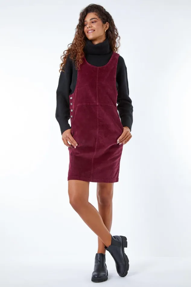 Women Wine Button Corduroy Pinafore Dress Roman Dresses