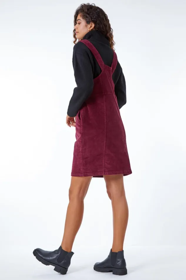 Women Wine Button Corduroy Pinafore Dress Roman Dresses