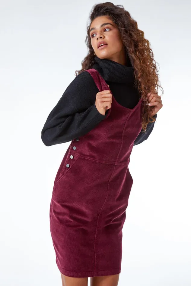 Women Wine Button Corduroy Pinafore Dress Roman Dresses