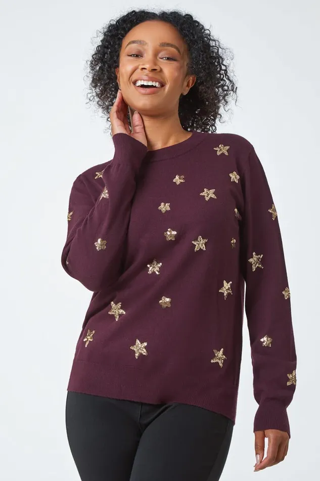 Women Wine Petite Sequin Star Embellished Jumper Roman Knitwear