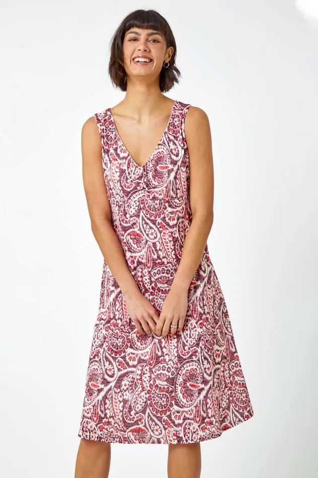 Women Wine Sleeveless Paisley Print Stretch Dress Roman Dresses