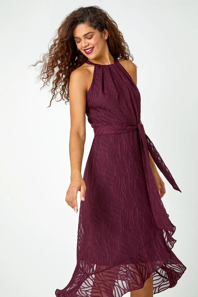 Women Wine Textured Chiffon Halterneck Midi Dress Roman Dresses