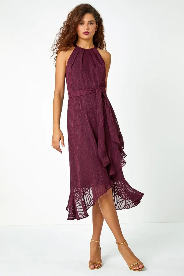 Women Wine Textured Chiffon Halterneck Midi Dress Roman Dresses