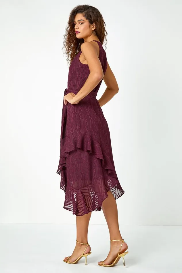 Women Wine Textured Chiffon Halterneck Midi Dress Roman Dresses