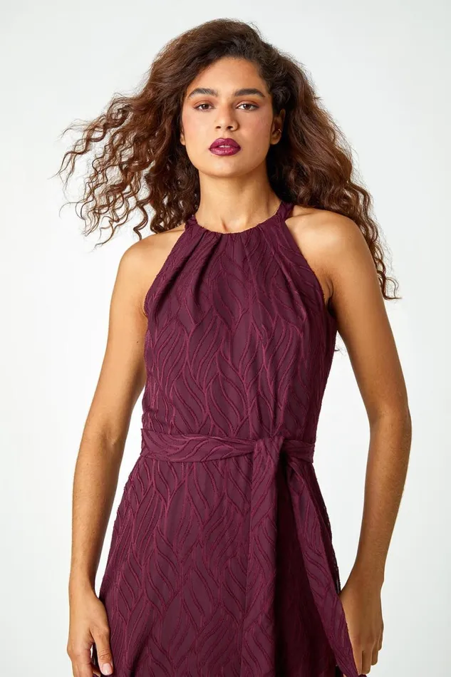 Women Wine Textured Chiffon Halterneck Midi Dress Roman Dresses