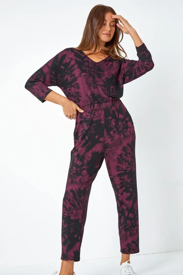 Women Wine Tie Dye Print Stretch Jumpsuit Roman Jumpsuits and Playsuits