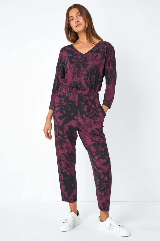 Women Wine Tie Dye Print Stretch Jumpsuit Roman Jumpsuits and Playsuits