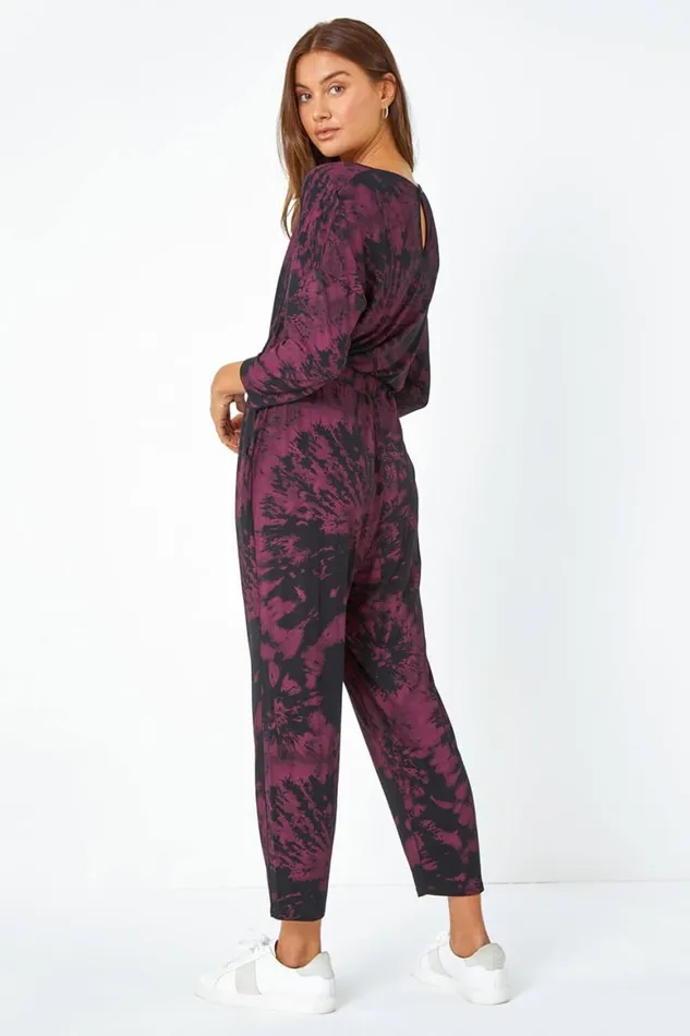 Women Wine Tie Dye Print Stretch Jumpsuit Roman Jumpsuits and Playsuits