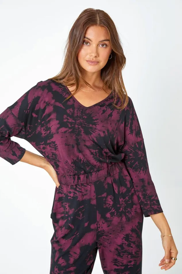 Women Wine Tie Dye Print Stretch Jumpsuit Roman Jumpsuits and Playsuits