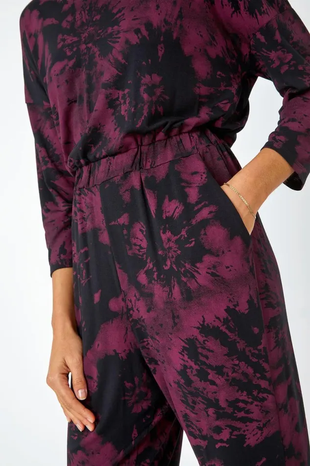 Women Wine Tie Dye Print Stretch Jumpsuit Roman Jumpsuits and Playsuits
